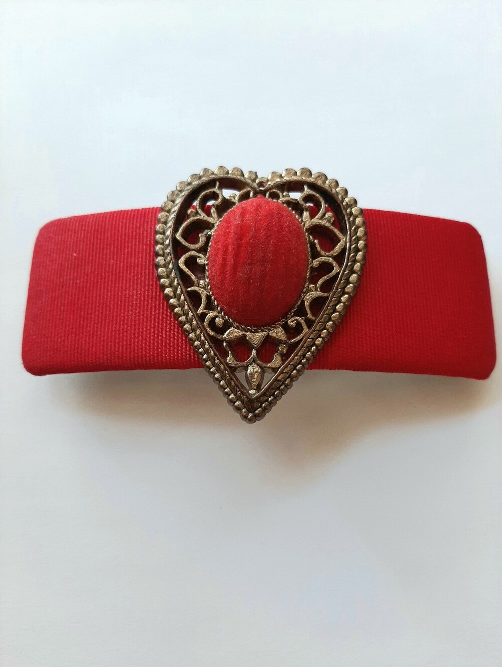 Vintage Coquette Whimsigoth Red Heart Filigree Fabric Romantic Hair Barrette